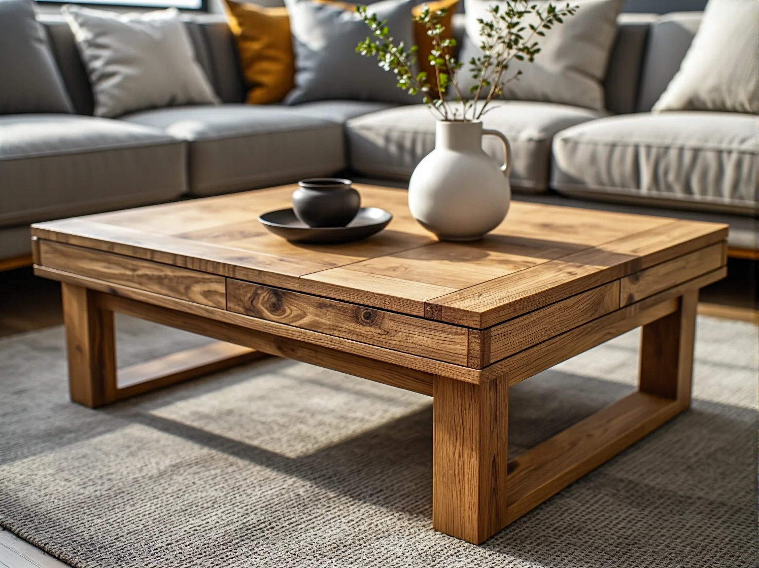 Komoda w stylu skandynawskim z jasnego drewna na tle białej cegły, minimalistyczna aranżacja.