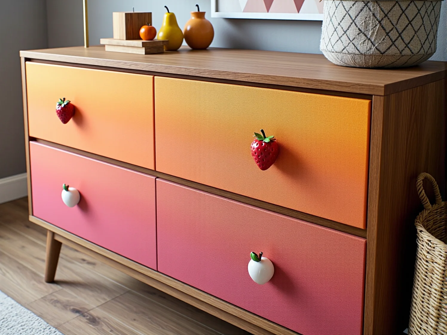 Funkcjonalna komoda do pokoju dziecka z artystycznymi uchwytami i wzorami pobudzającymi wyobraźnię.