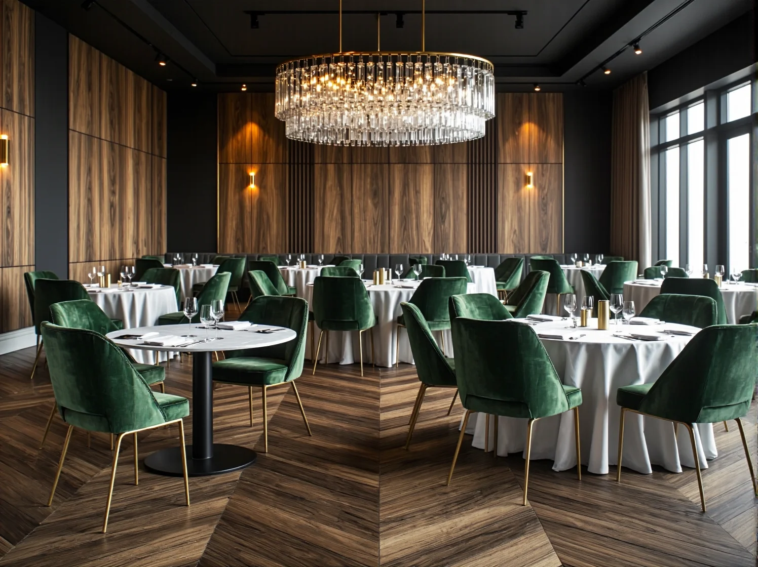 Eleganckie krzesła restauracyjne zielony welur ze złotymi nóżkami