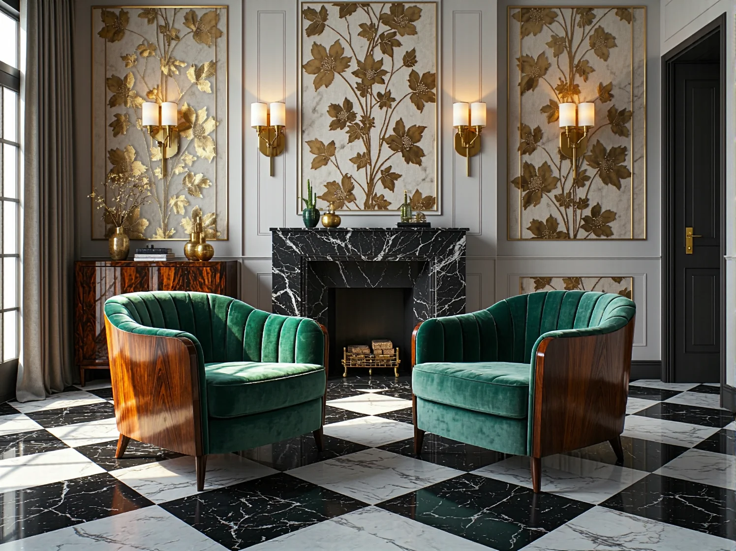 Elegancki fotel Art Deco zielony aksamit z drewnianym oparciem