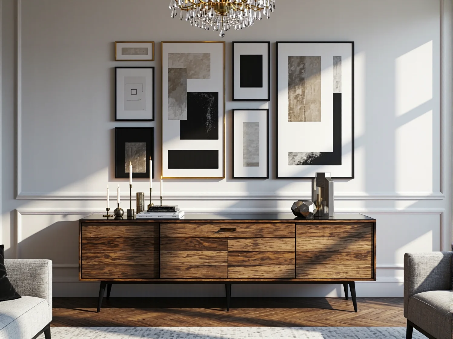 Funkcjonalny aneks kuchenny glamour z marmurowym wykończeniem i złotą armaturą