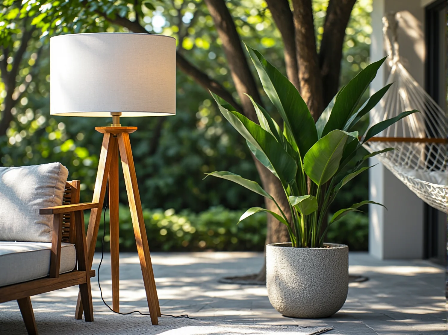 Rattanowa lampa stojąca w ogrodzie w stylu tropikalnym, oświetlająca duże liście palm i paproci.