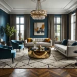 Złota lampa wisząca art deco z kryształowymi elementami