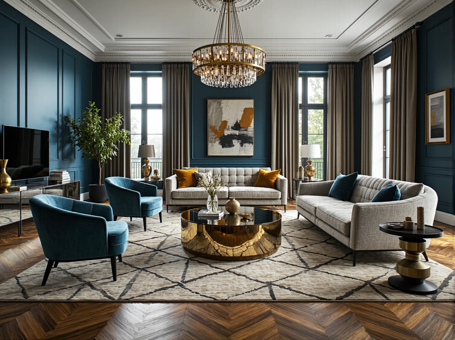 Złota lampa wisząca art deco z kryształowymi elementami