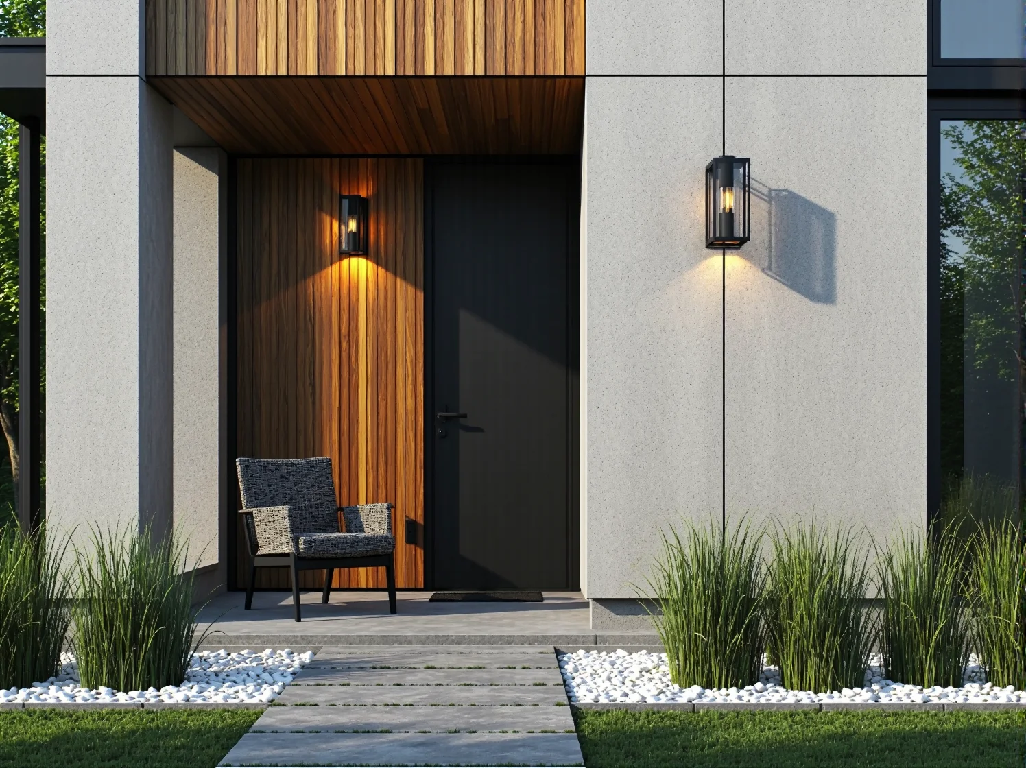 Czarne lampy elewacyjne metalowe ze szklanym kloszem przy wejściu