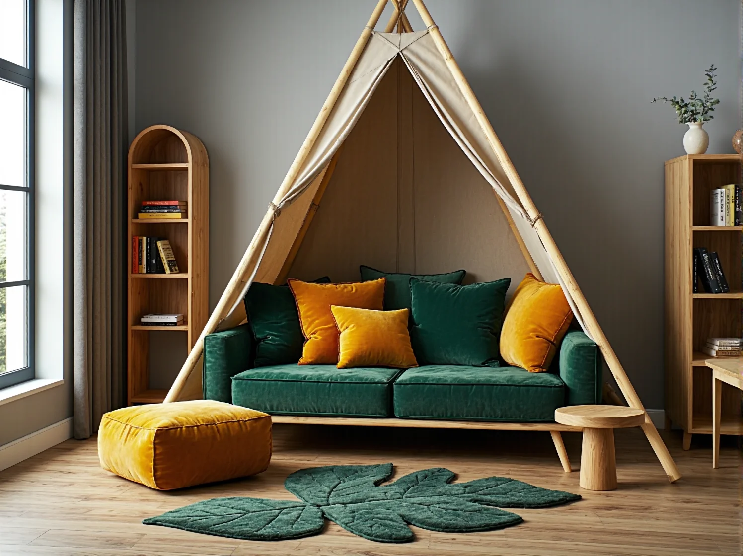 Drewniane łóżko w kształcie domku otoczone poduszkami z motywem zwierząt leśnych.