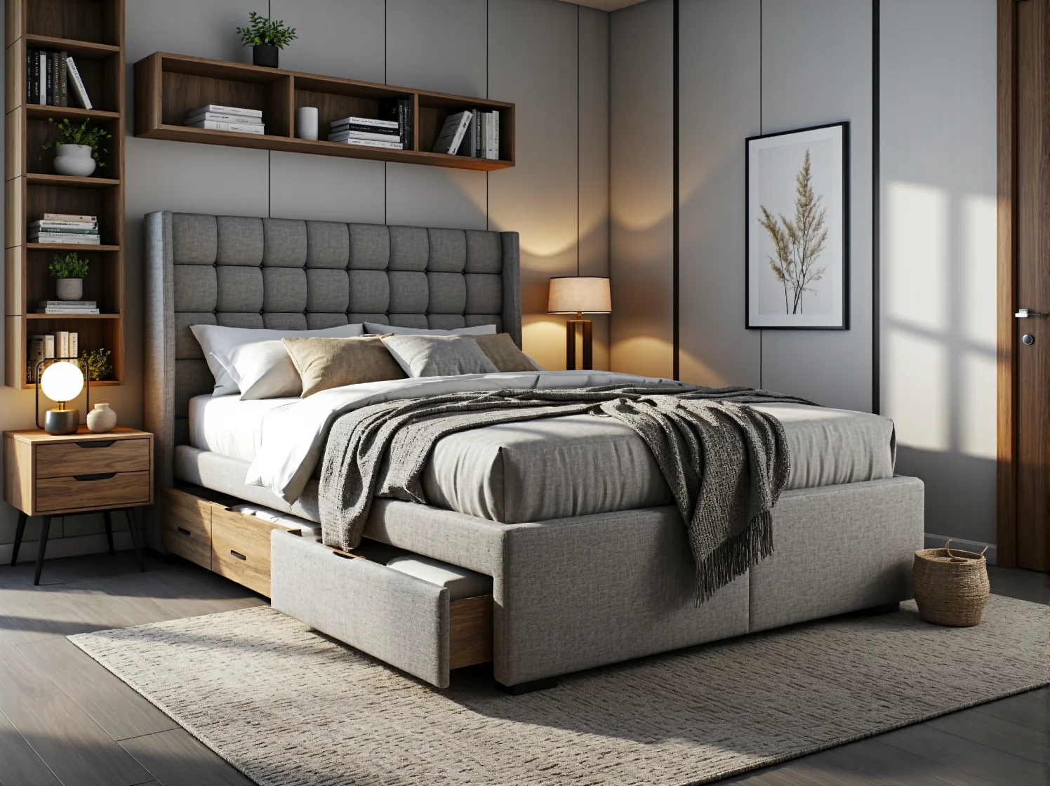 Łóżko kontynentalne szare tapicerowane z pikowanym zagłówkiem i szufladami