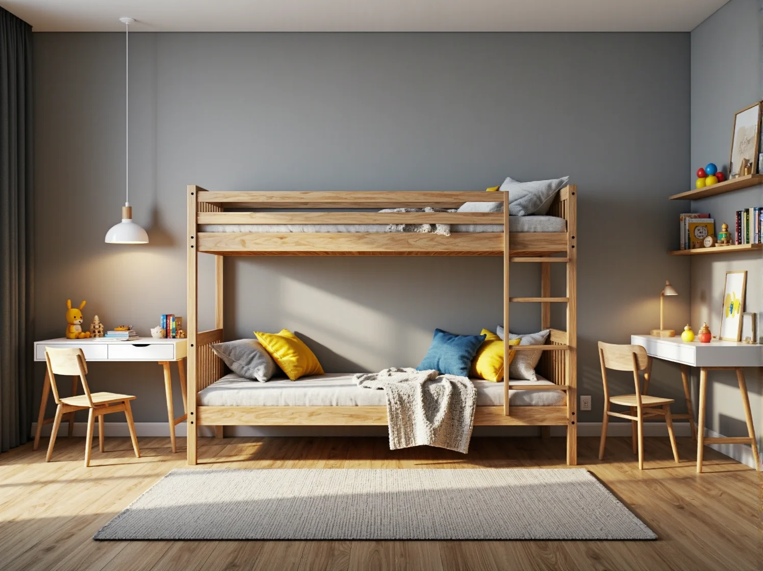 Łóżko piętrowe sosnowe z drabinką i barierką ochronną