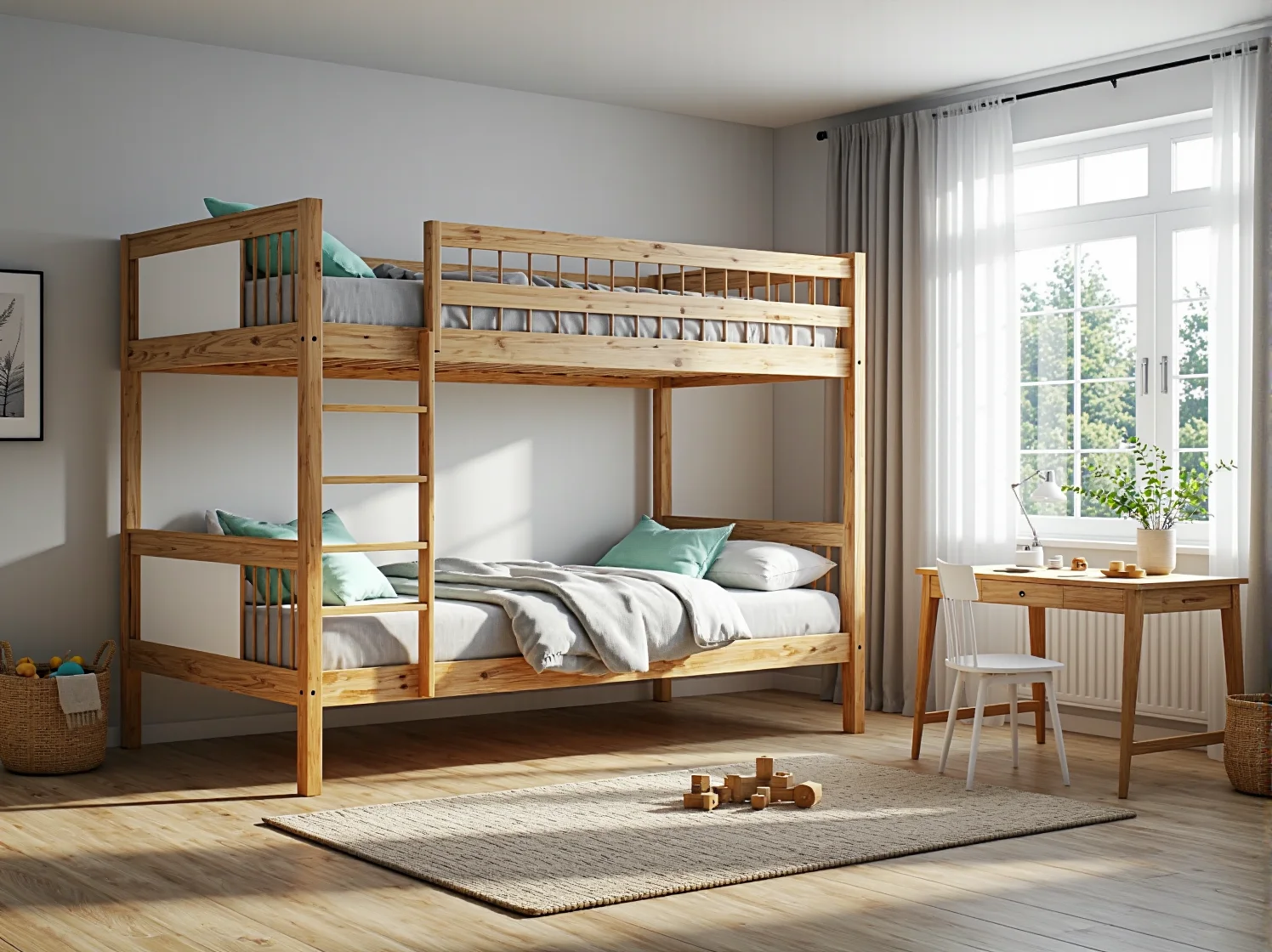 Łóżko piętrowe sosnowe z drabinką i barierką ochronną