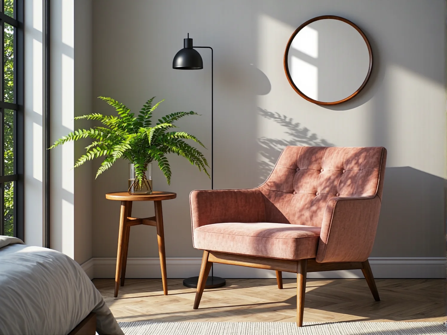 Duże lustro w złotej ramie vintage optycznie powiększające mały pokój sypialniany