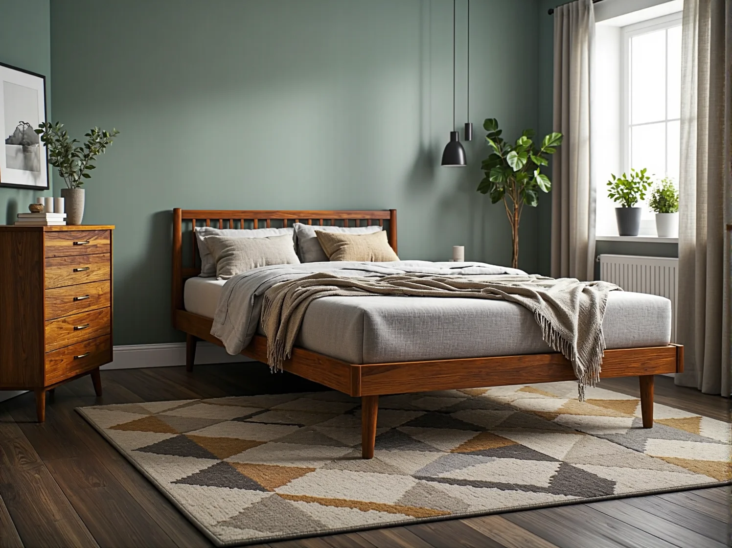 Drewniane łóżko dwuosobowe orzech z ażurowym zagłówkiem