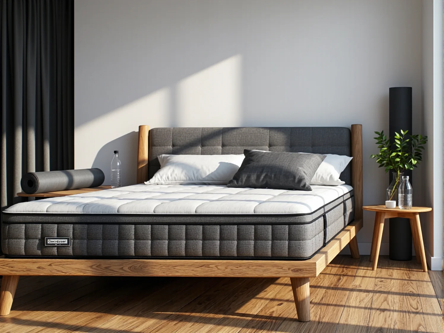 Materac ortopedyczny szaro-biały na drewnianej ramie łóżka