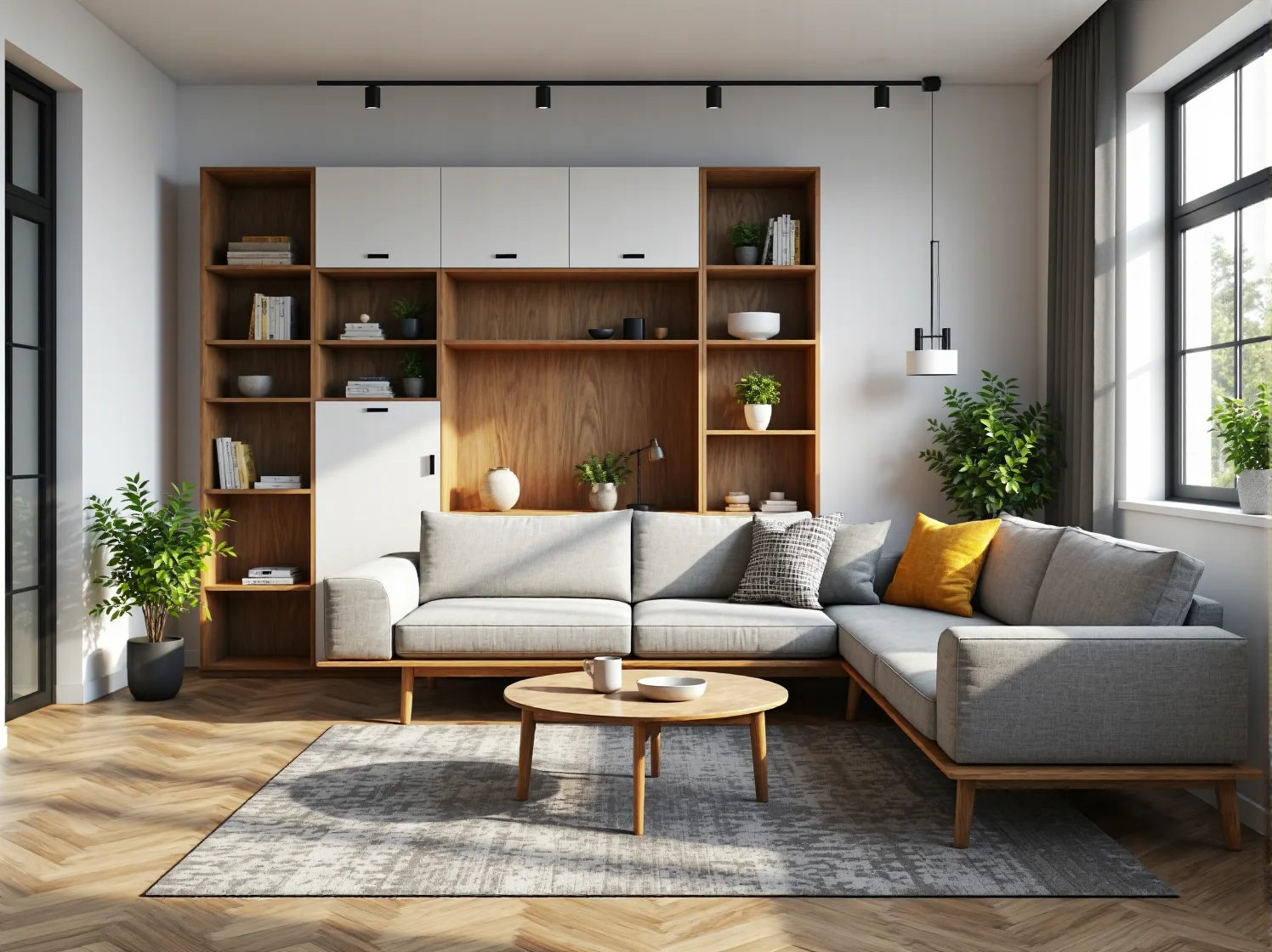 Modulowa meblościanka dąb craft z białymi frontami i otwartymi półkami