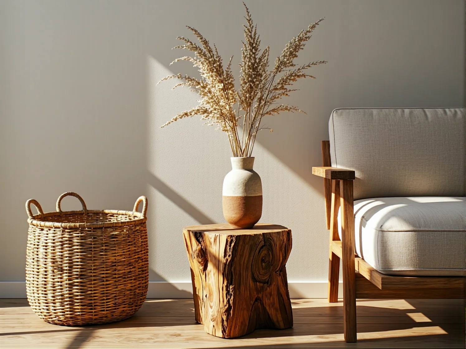 Meble z naturalnych materiałów jak drewno i rattan w ekologicznej jadalni