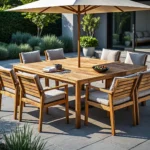 Drewniany zestaw ogrodowy tekowy stół z ośmioma krzesłami i parasolem