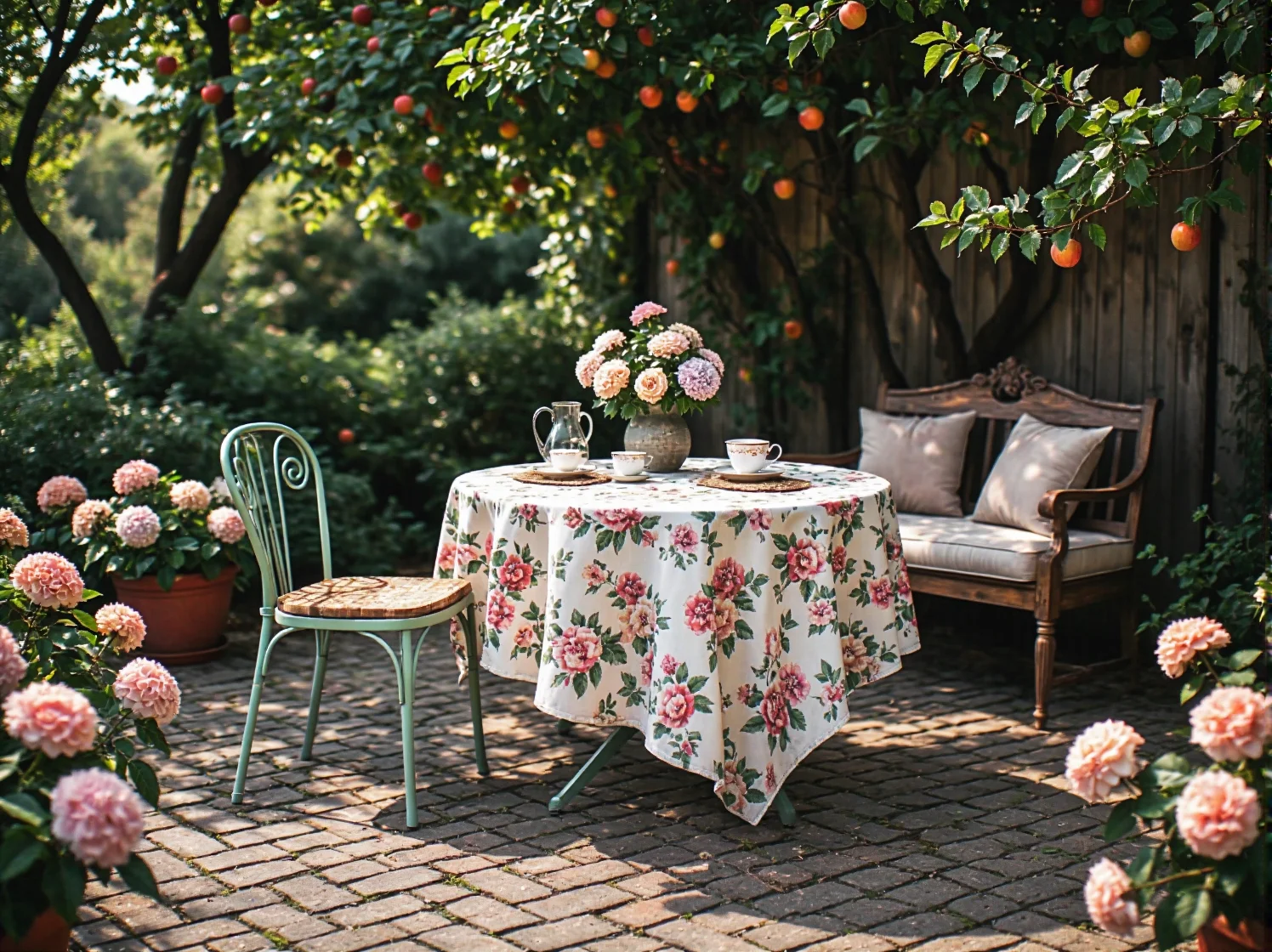 Retro zestaw ogrodowy z metalowym krzesłem miętowym i drewnianą ławką