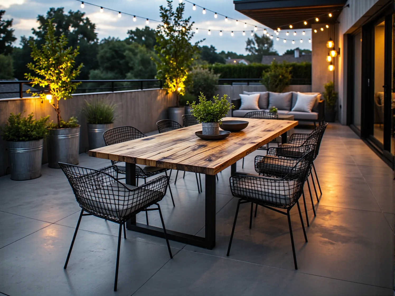 Industrialny stół ogrodowy drewniany z metalowymi nogami i krzesłami ażurowymi