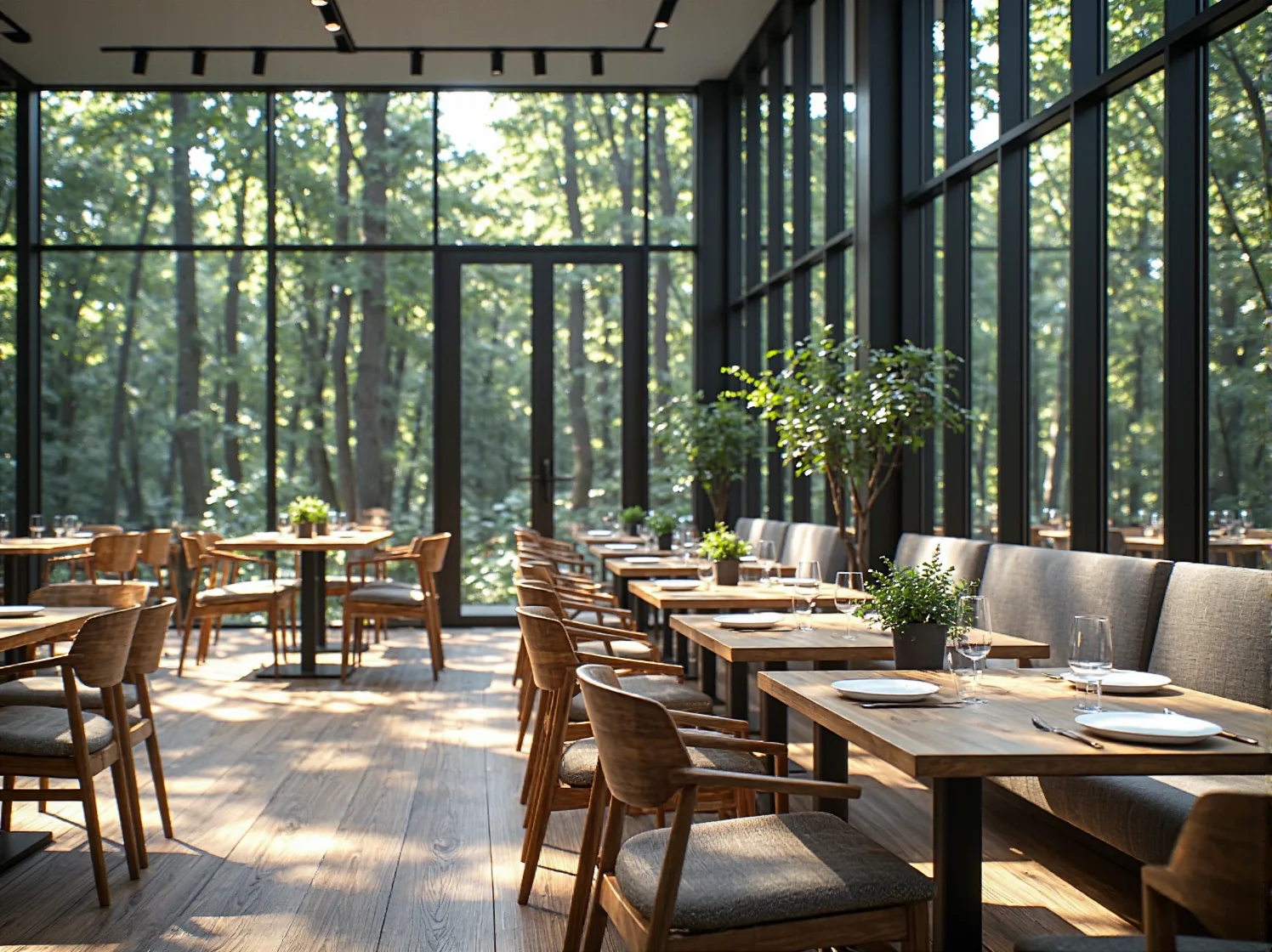 Drewniane stoły i krzesła restauracyjne dąb naturalny z szarym tapicerowanym siedziskiem