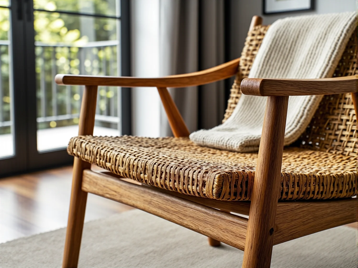 Drewniane meble scandi w jadalni, stół z jasnego drewna i czarne metalowe krzesła.