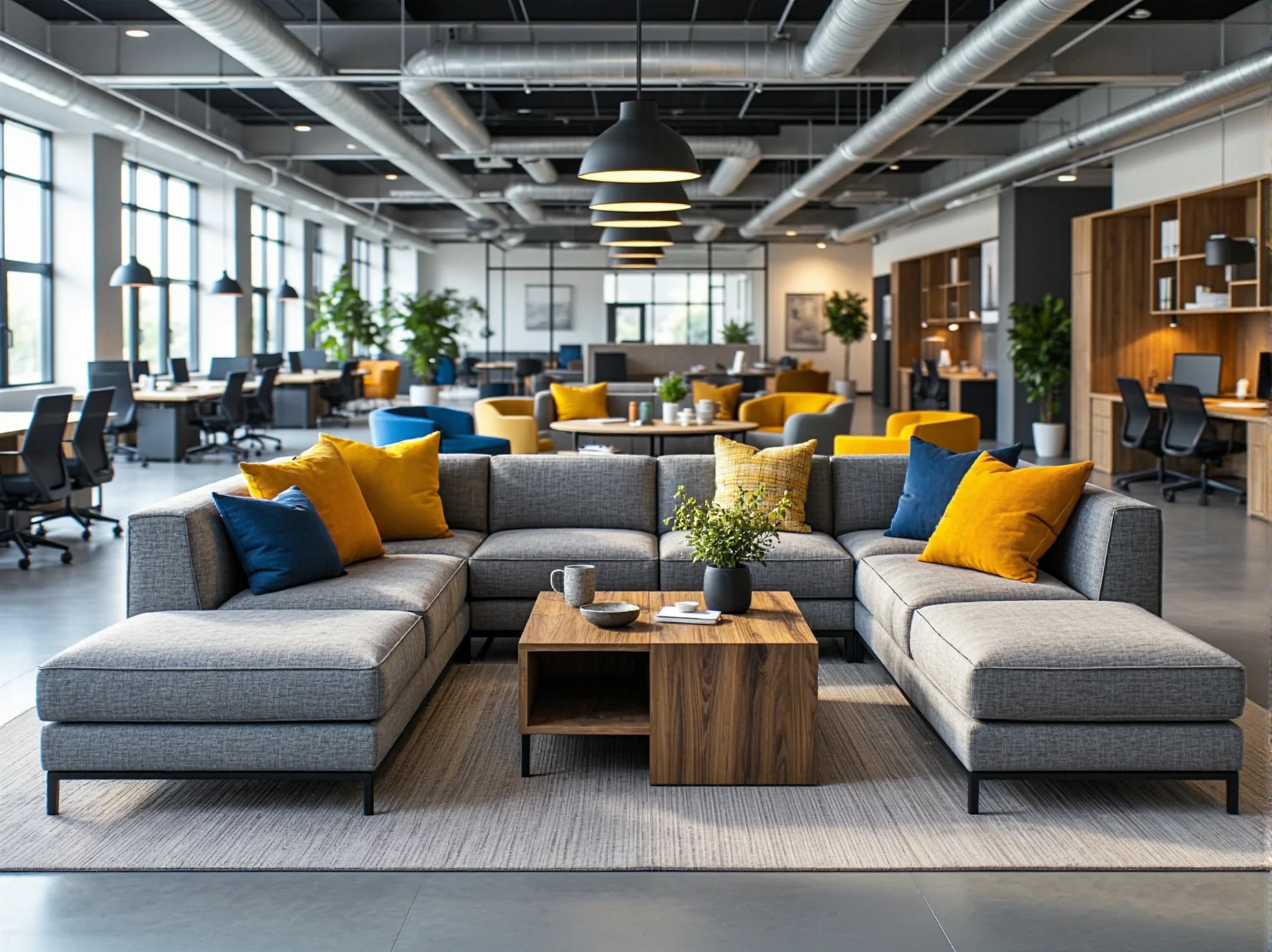 Narożna sofa tapicerowana szara z kolorowymi poduszkami dekoracyjnymi