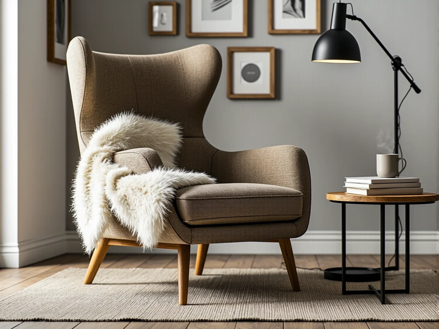 Nowoczesne meble na drewnianych nóżkach w przytulnym wnętrzu scandi