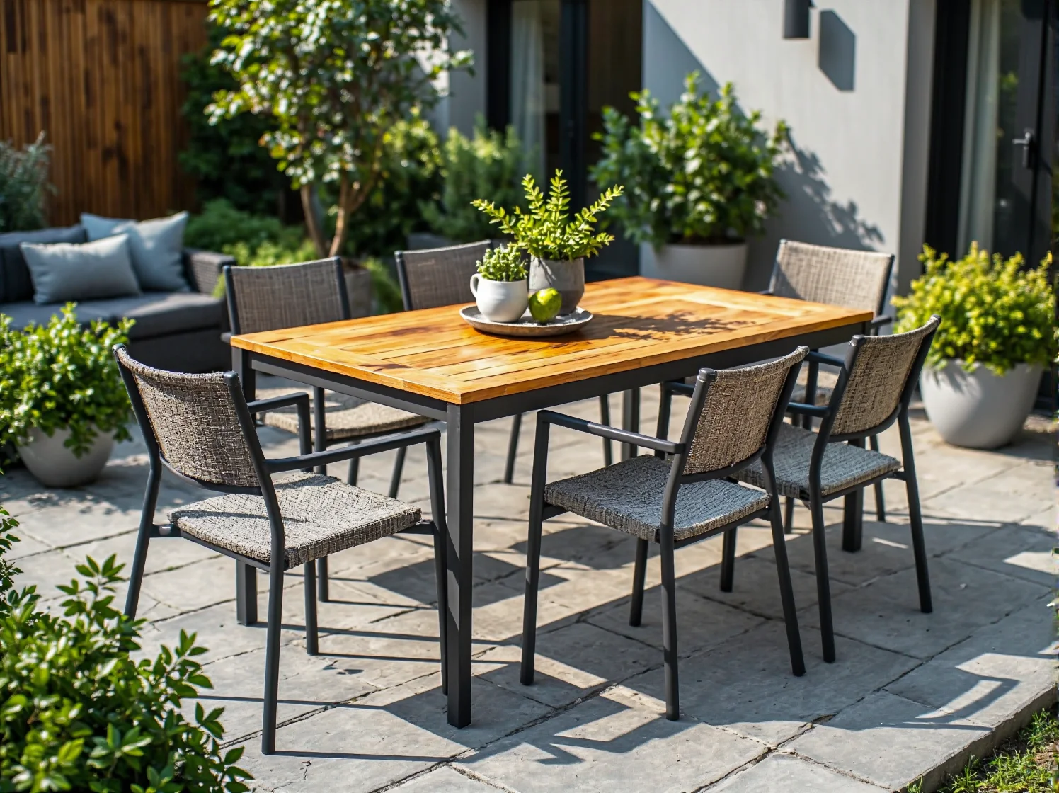 Zestaw ogrodowy stół drewniany z metalowymi nogami i krzesła ratanowe