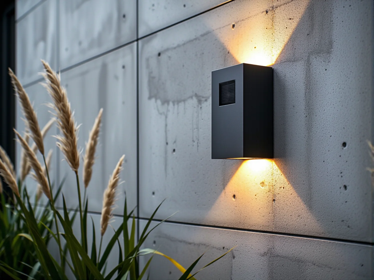 Minimalistyczne słupki solarne oświetlające taras o geometrycznych kształtach