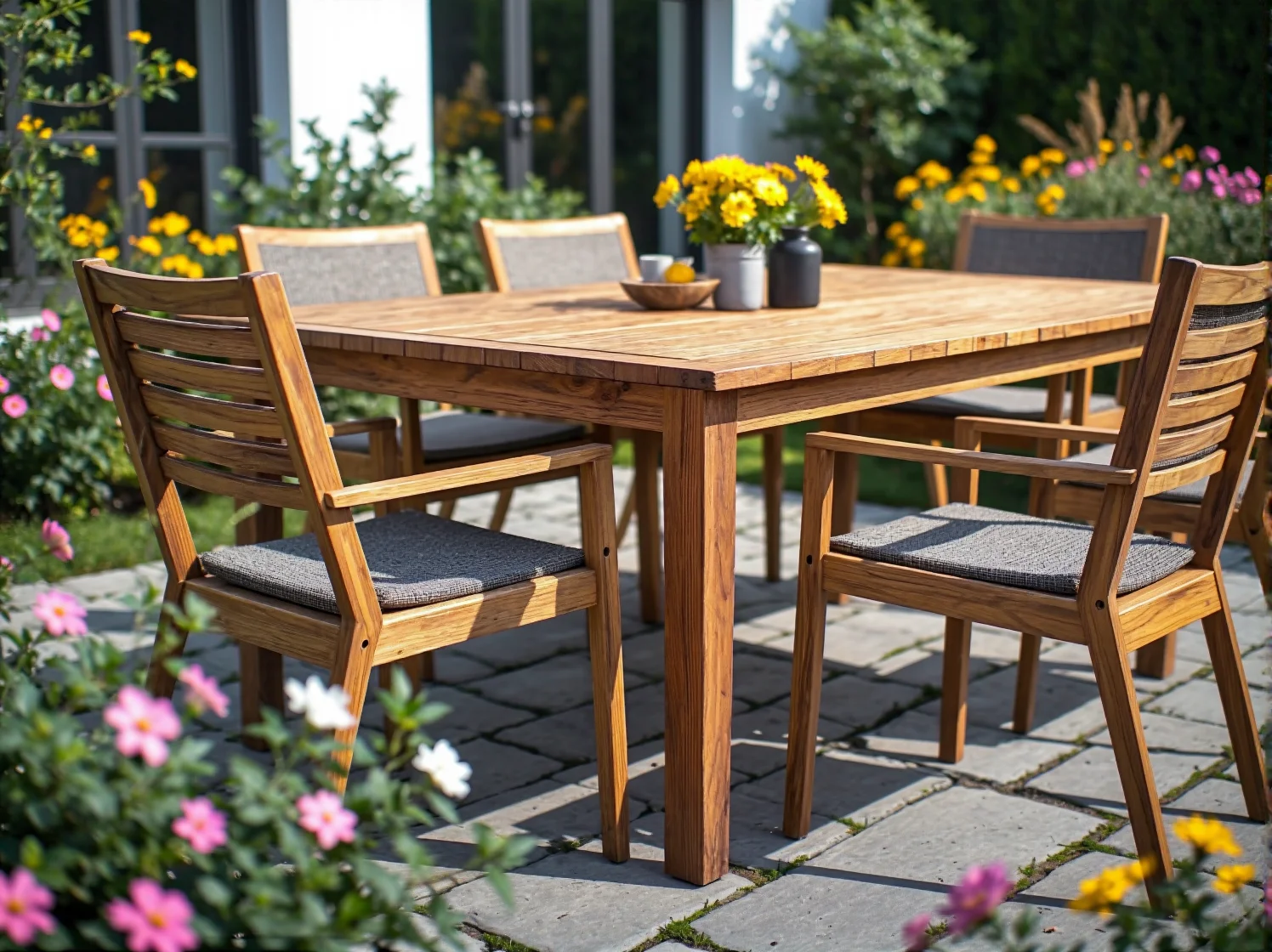 Drewniany zestaw ogrodowy stół z krzesłami z poduszkami