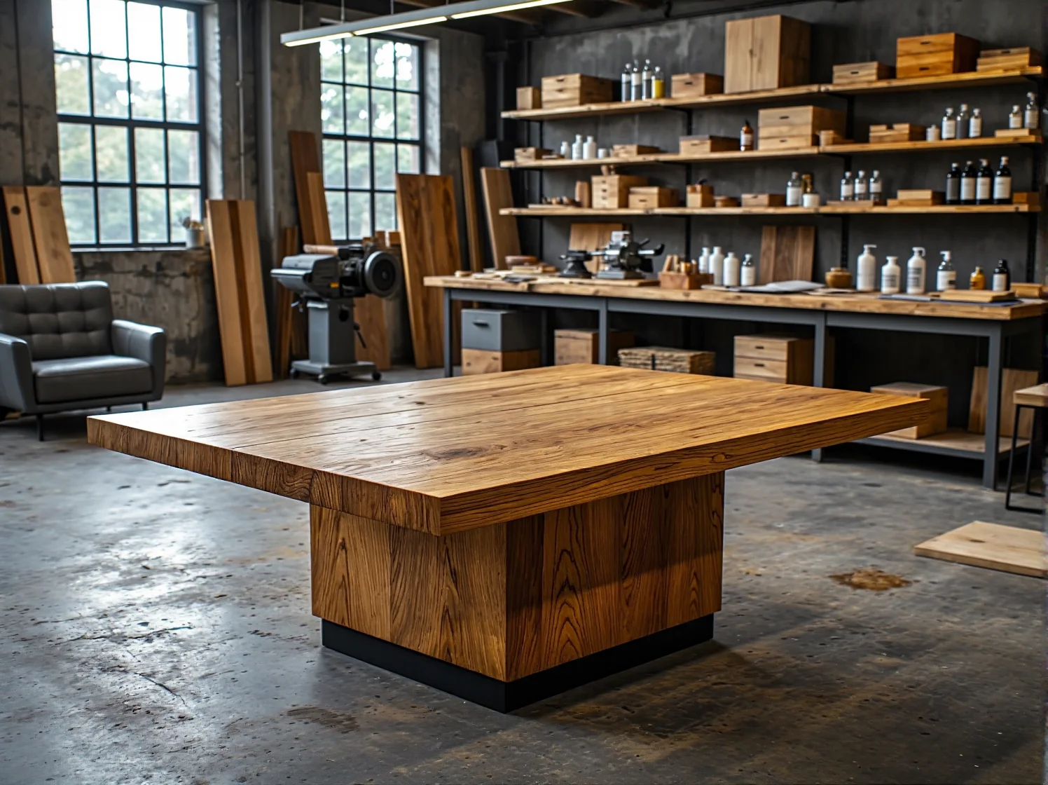 Drewniany stół kawowy dębowy z masywnym blatem i centralną nogą