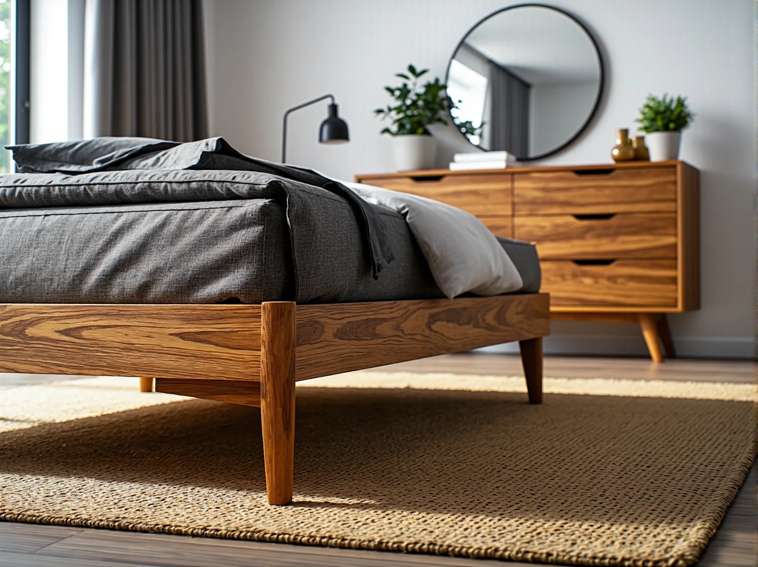 Sypialnia na poddaszu z niskim łóżkiem z drewna w stylu nordyckim