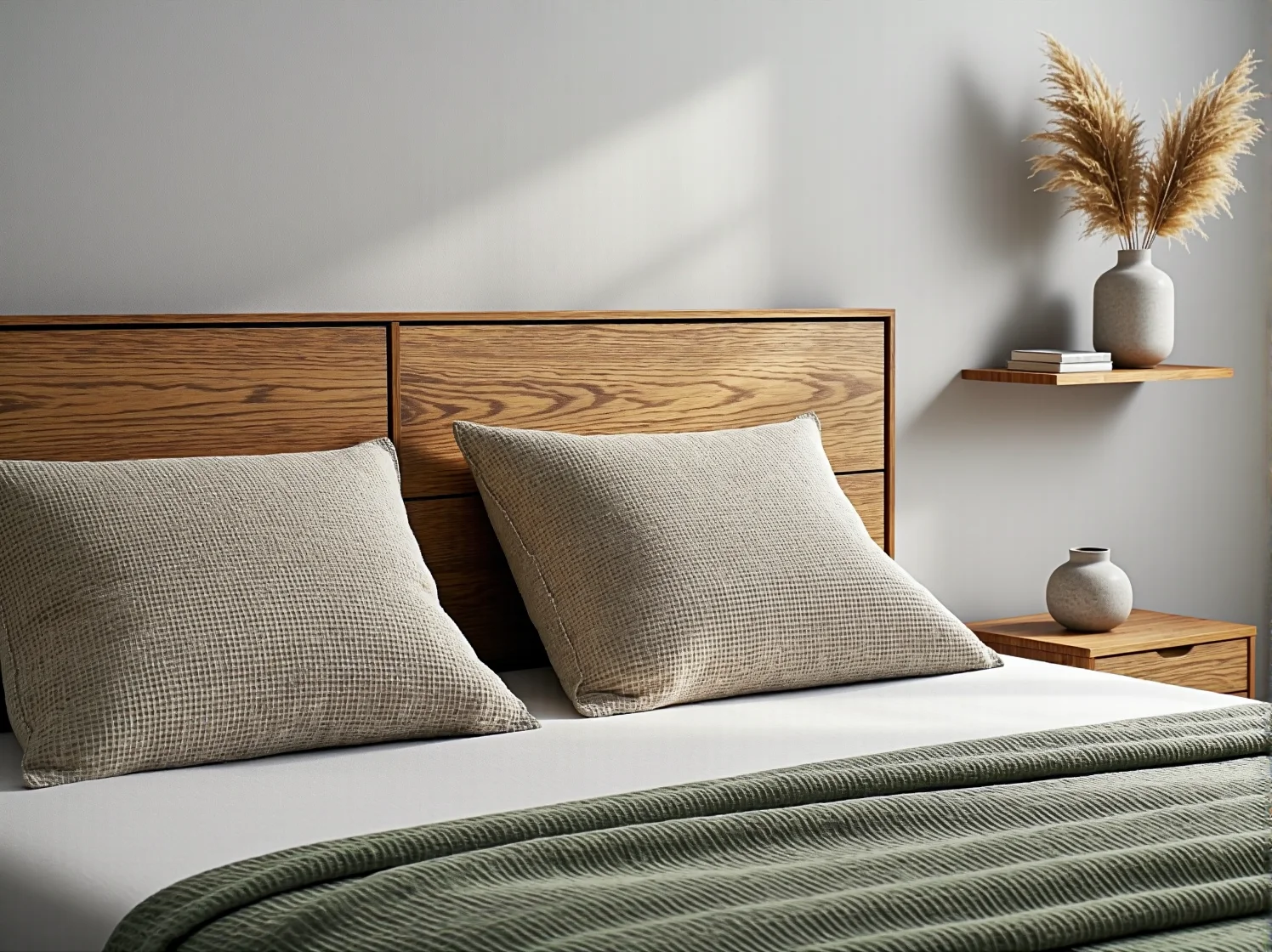Nowoczesne łóżko drewniane z tapicerowanym zagłówkiem w szarym kolorze