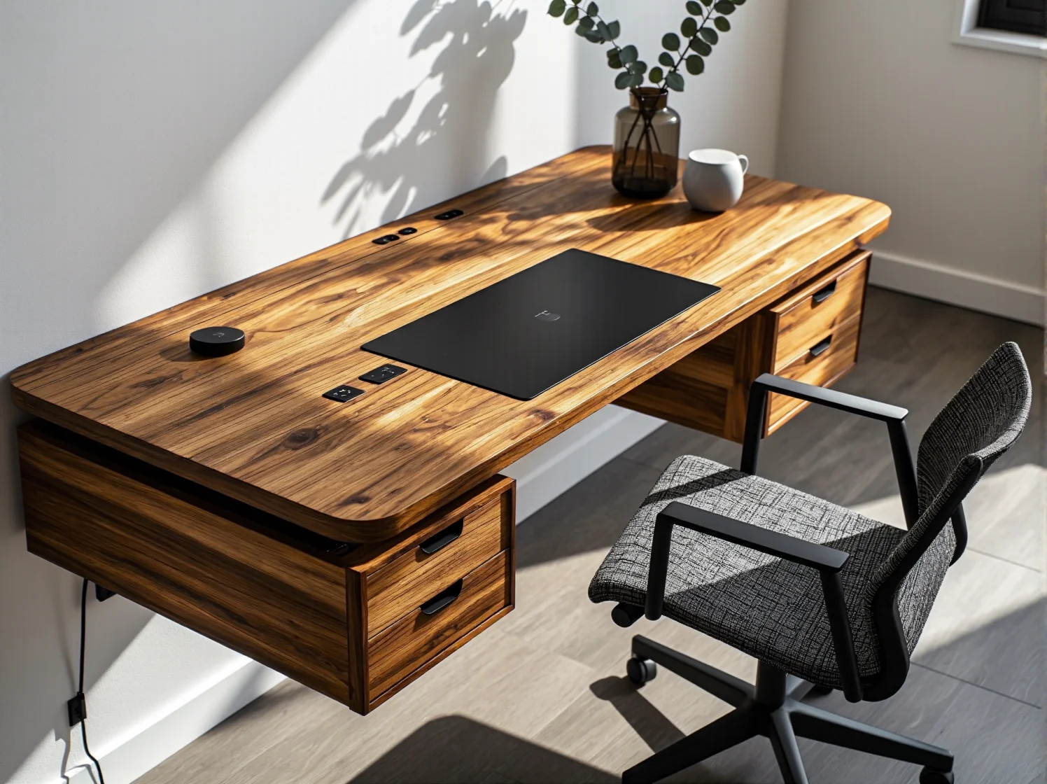 Inteligentne łóżko sterowane aplikacją w sypialni o naturalnych barwach