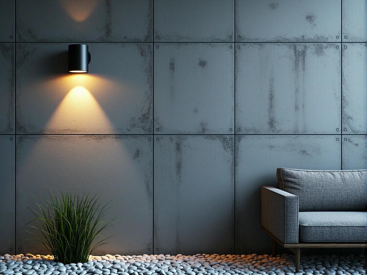 Nowoczesne słupki oświetleniowe LED o geometrycznych kształtach w aranżacji ogrodu.