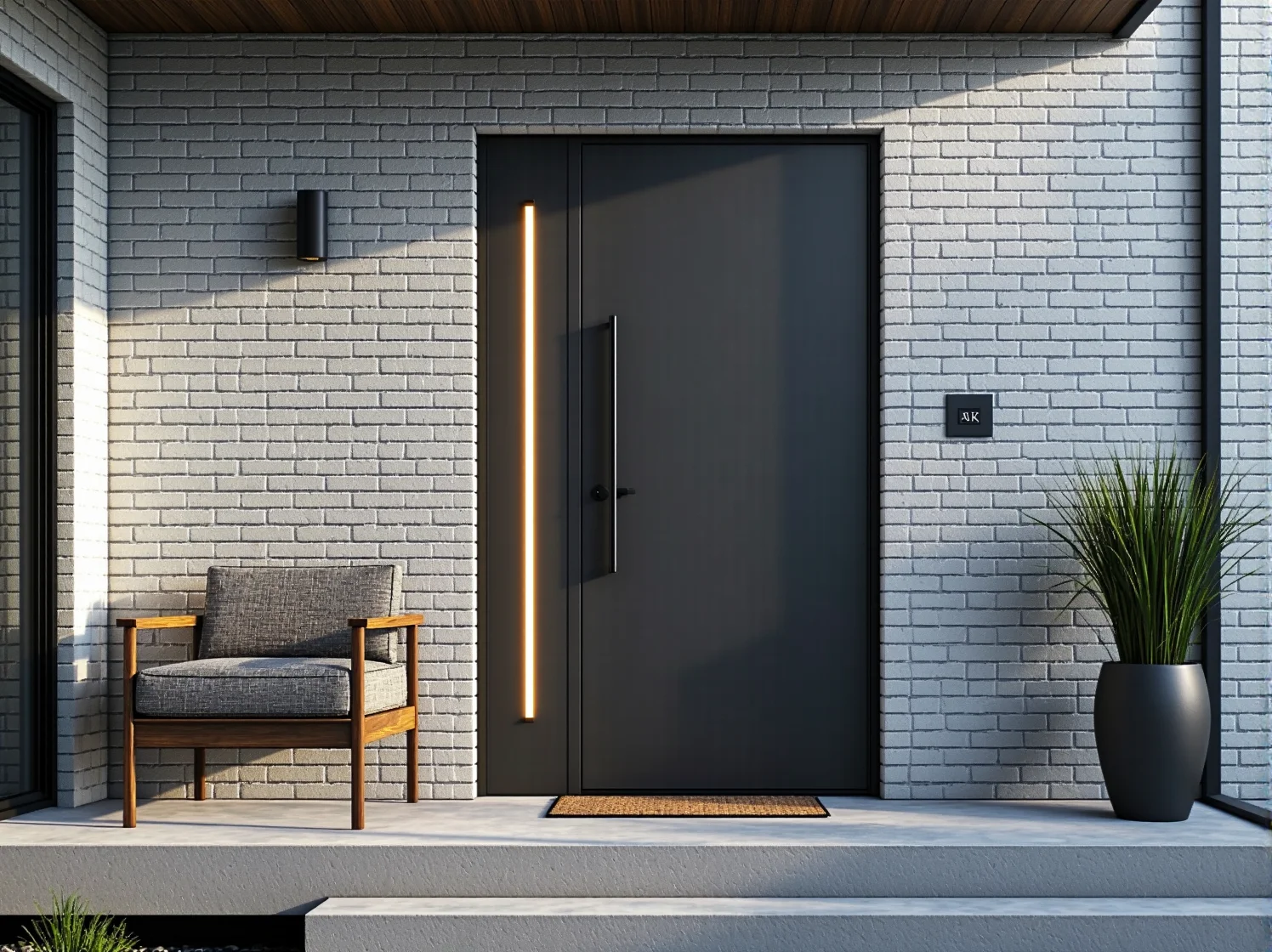 Srebrne oprawy elewacyjne LED zamontowane na ciemnoszarej ścianie budynku