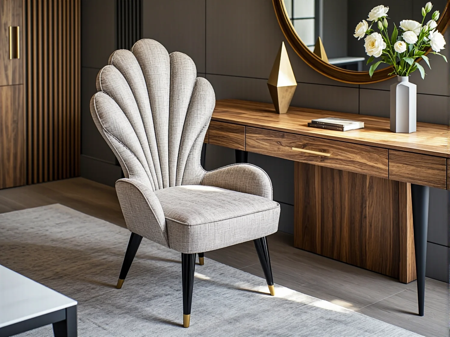 Nowoczesna aranżacja wnętrza z odrestaurowanym krzesłem art déco jako głównym elementem dekoracyjnym.