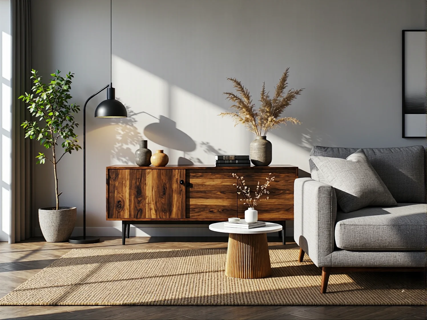 Niska komoda orzech z drzwiczkami na czarnych metalowych nóżkach