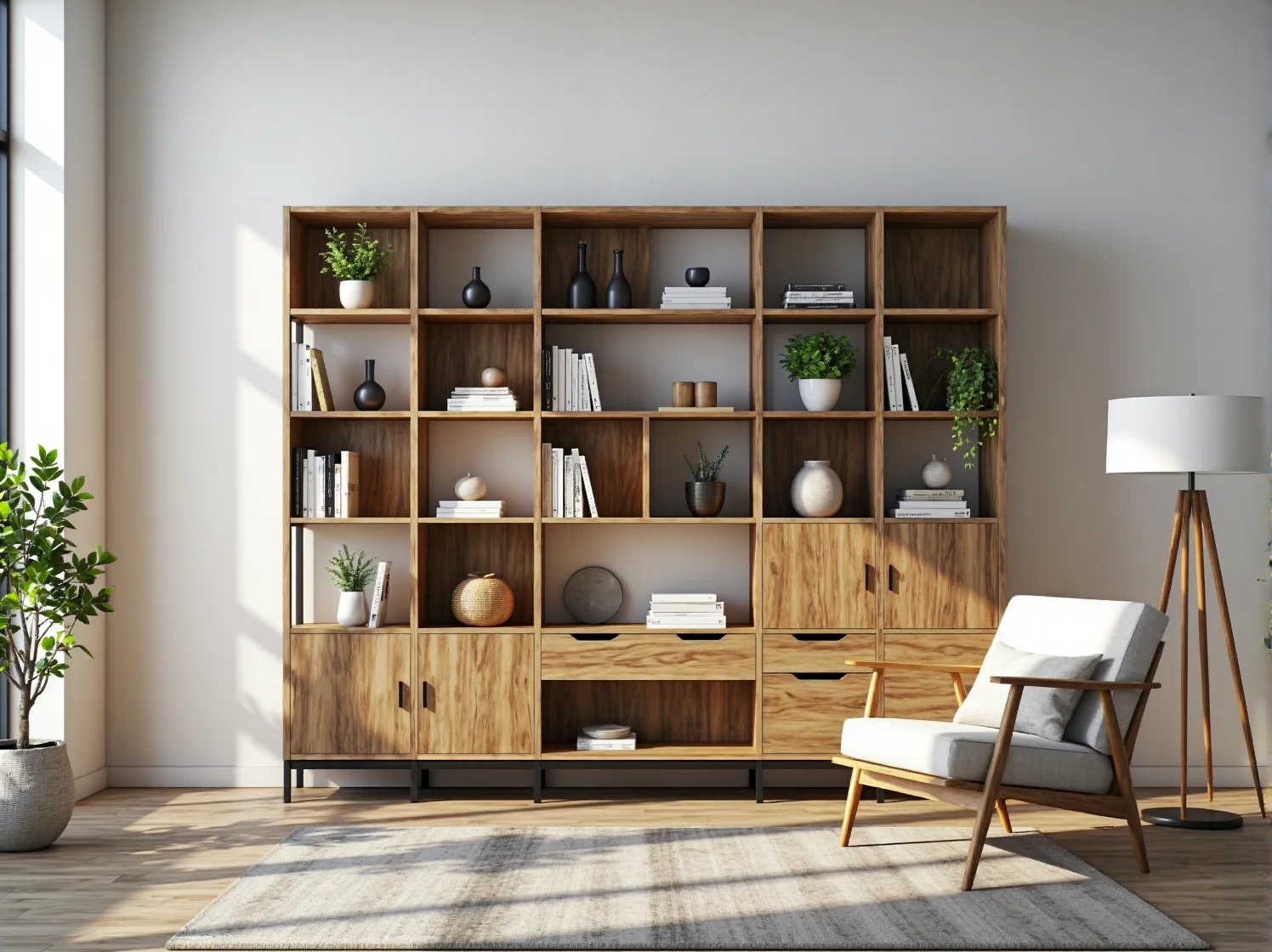 Modułowy regał dąb craft z otwartymi półkami i szafkami