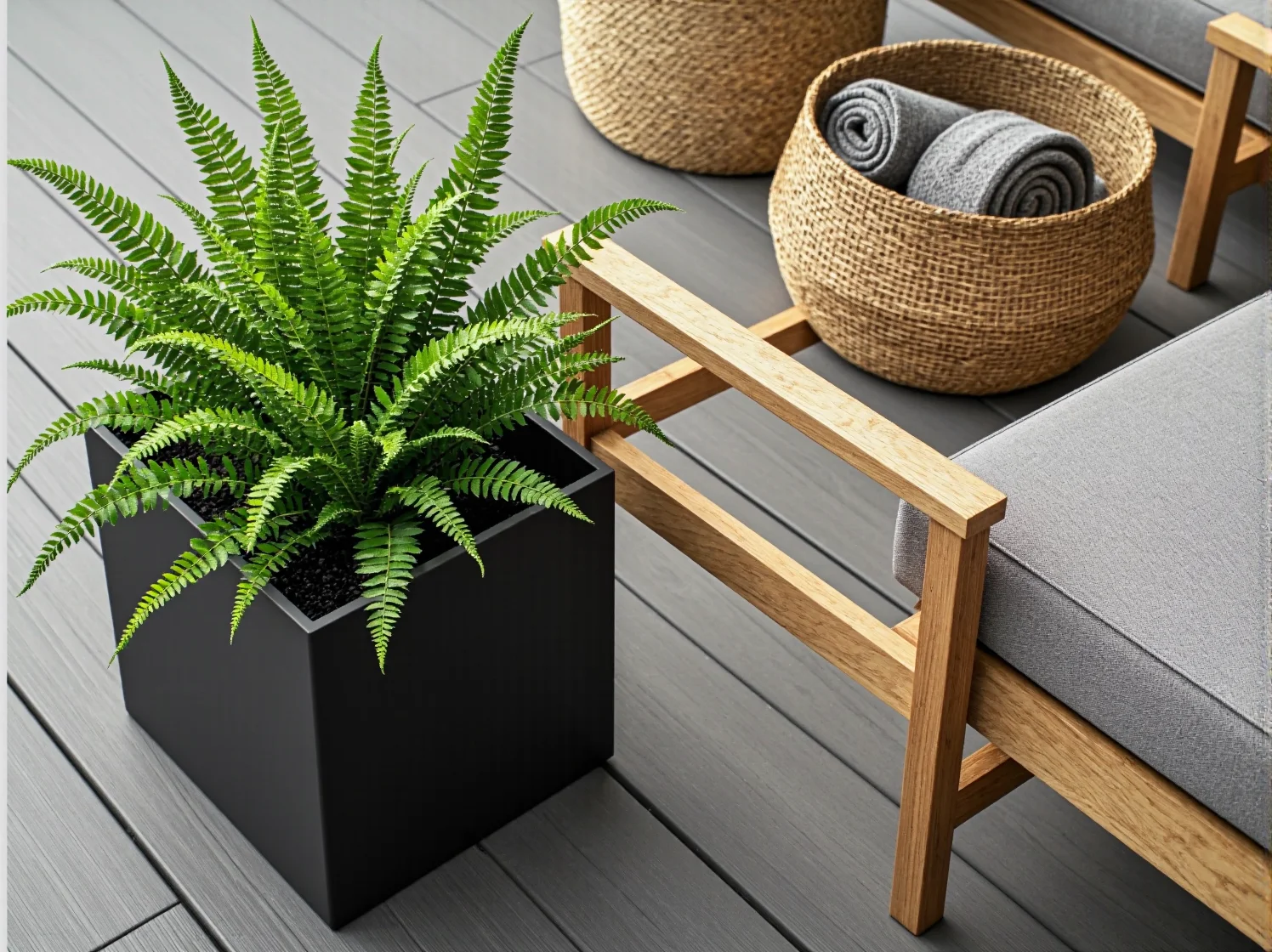 Przytulny kącik wypoczynkowy na tarasie japandi oświetlony ciepłym światłem girland