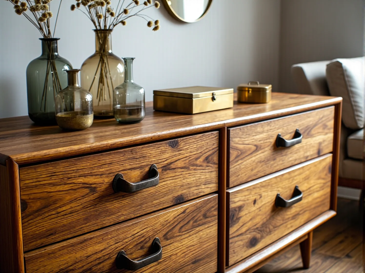 Drewniana szafa vintage z funkcjonalnym wnętrzem do przechowywania w małym metrażu