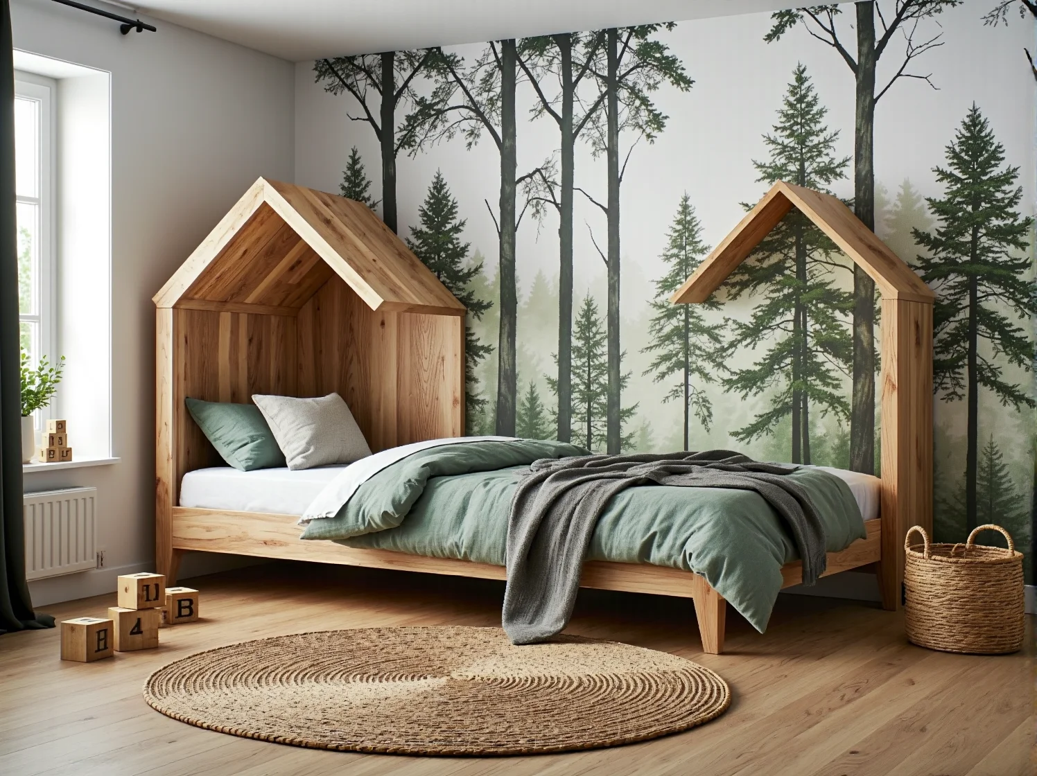Łóżko dziecięce drewniane w kształcie domku z dębową ramą