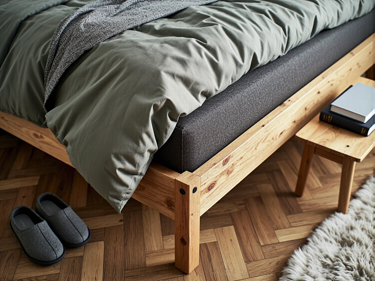 Proste łóżko brzozowe z szafkami nocnymi w komplecie styl hygge