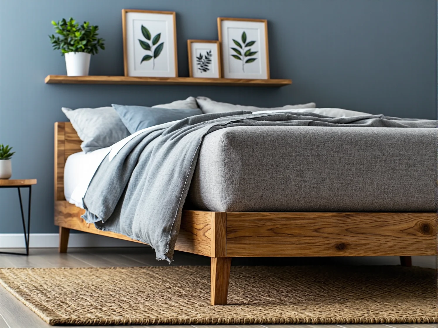 Przytulna sypialnia z drewnianym łóżkiem i miękkimi tekstyliami scandi