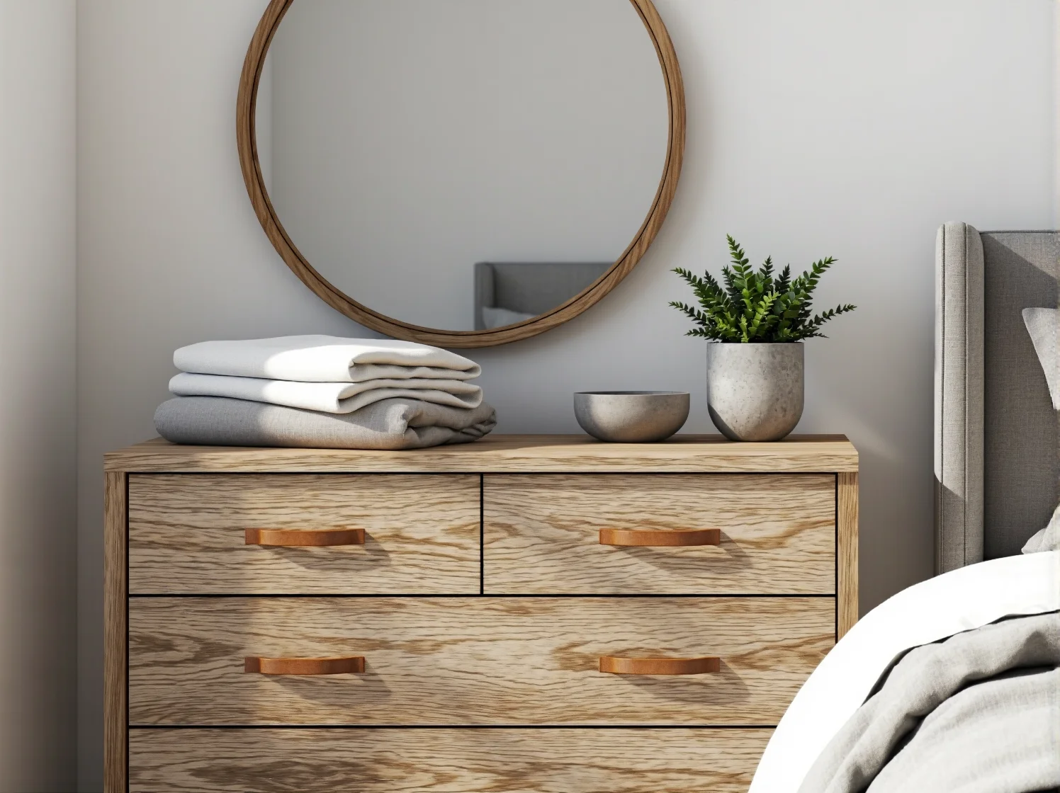 Przytulna sypialnia z łóżkiem w stylu scandi, drewnem i miękkimi tekstyliami