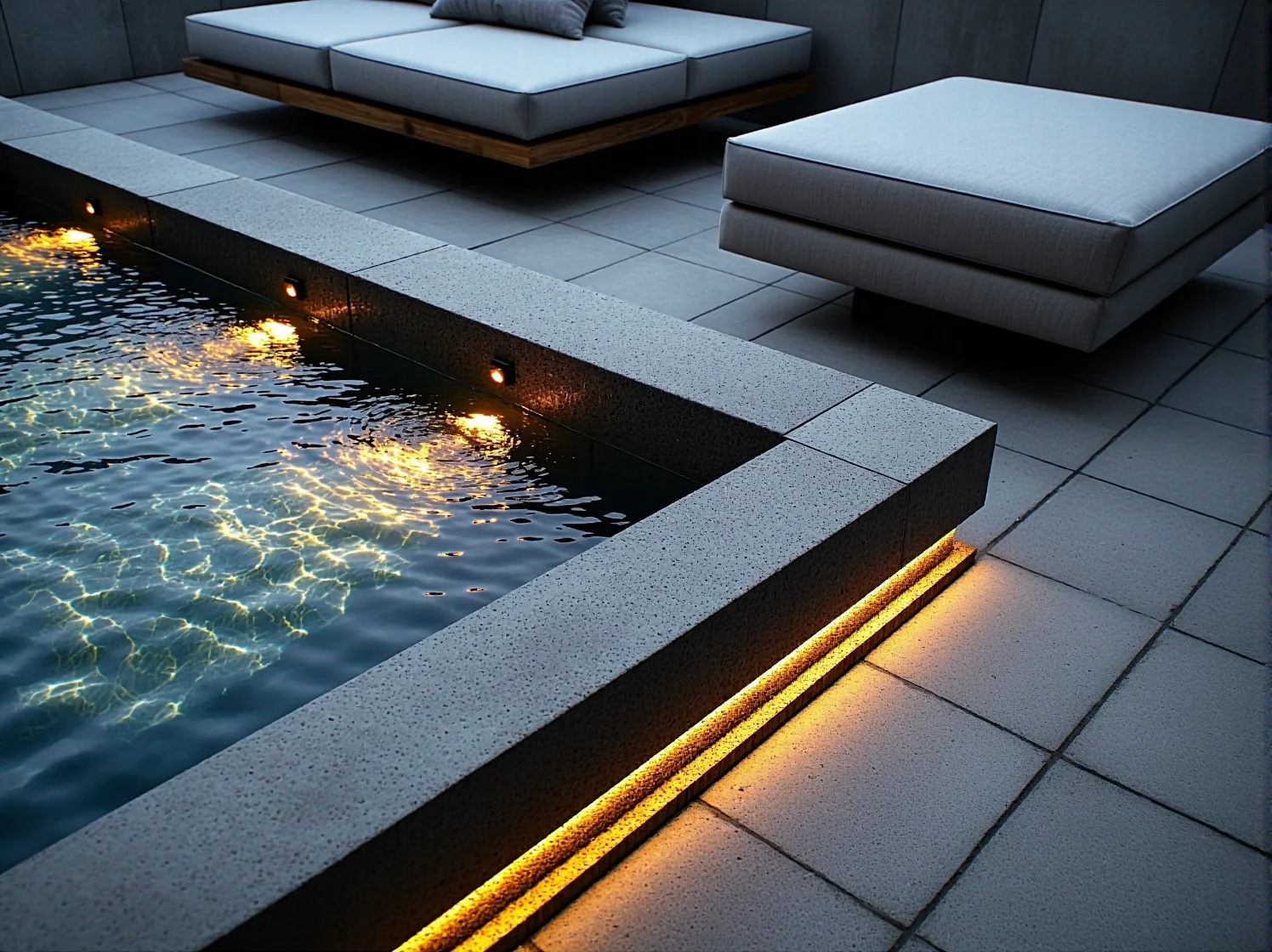 Punktowe reflektory LED podświetlające ozdobne trawy i betonowe elementy w ogrodzie minimalistycznym.