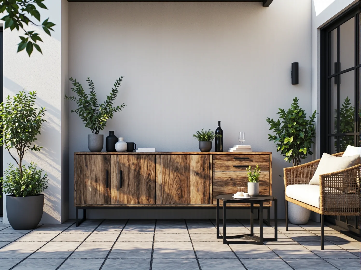 Komoda tarasowa drewno egzotyczne z szufladami na metalowych nogach