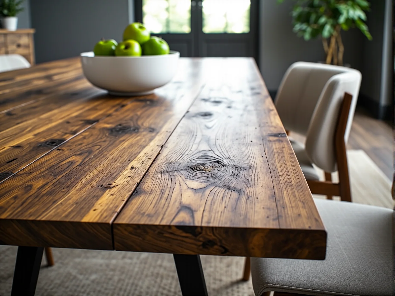 Detale blatu stołu z drewna z recyklingu w stylu rustykalnym, widoczne naturalne pęknięcia i sęki.