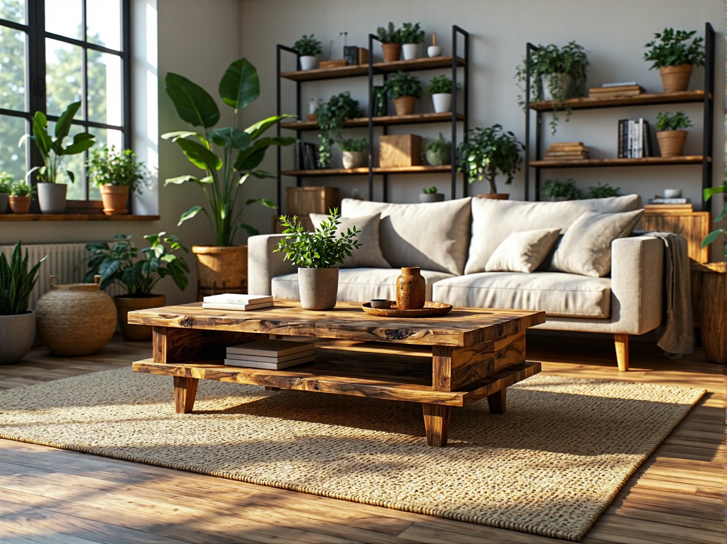 Drewniany stolik kawowy z półką z litego drewna