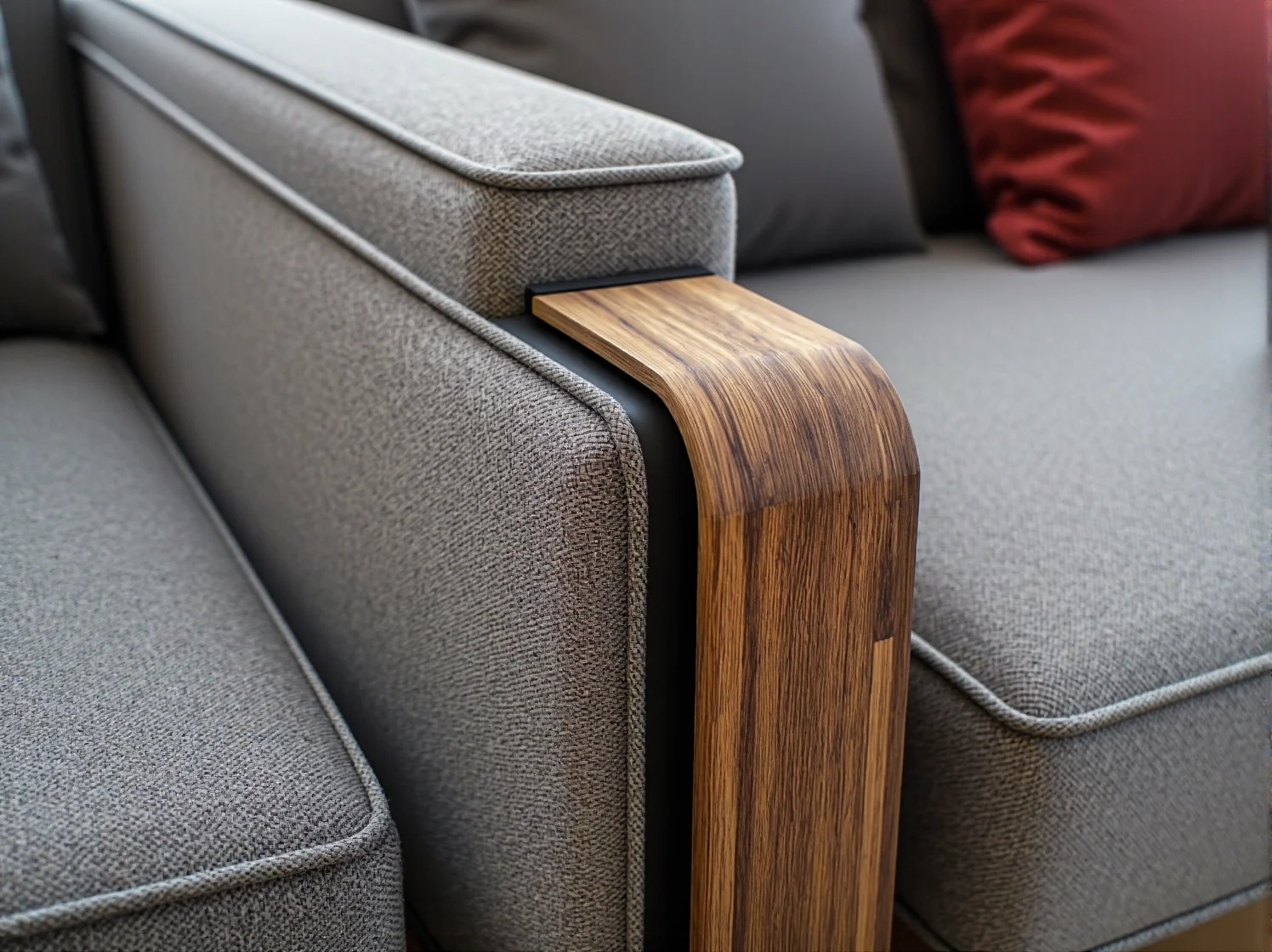 Drewniany podłokietnik dębowy na szarej sofie tapicerowanej
