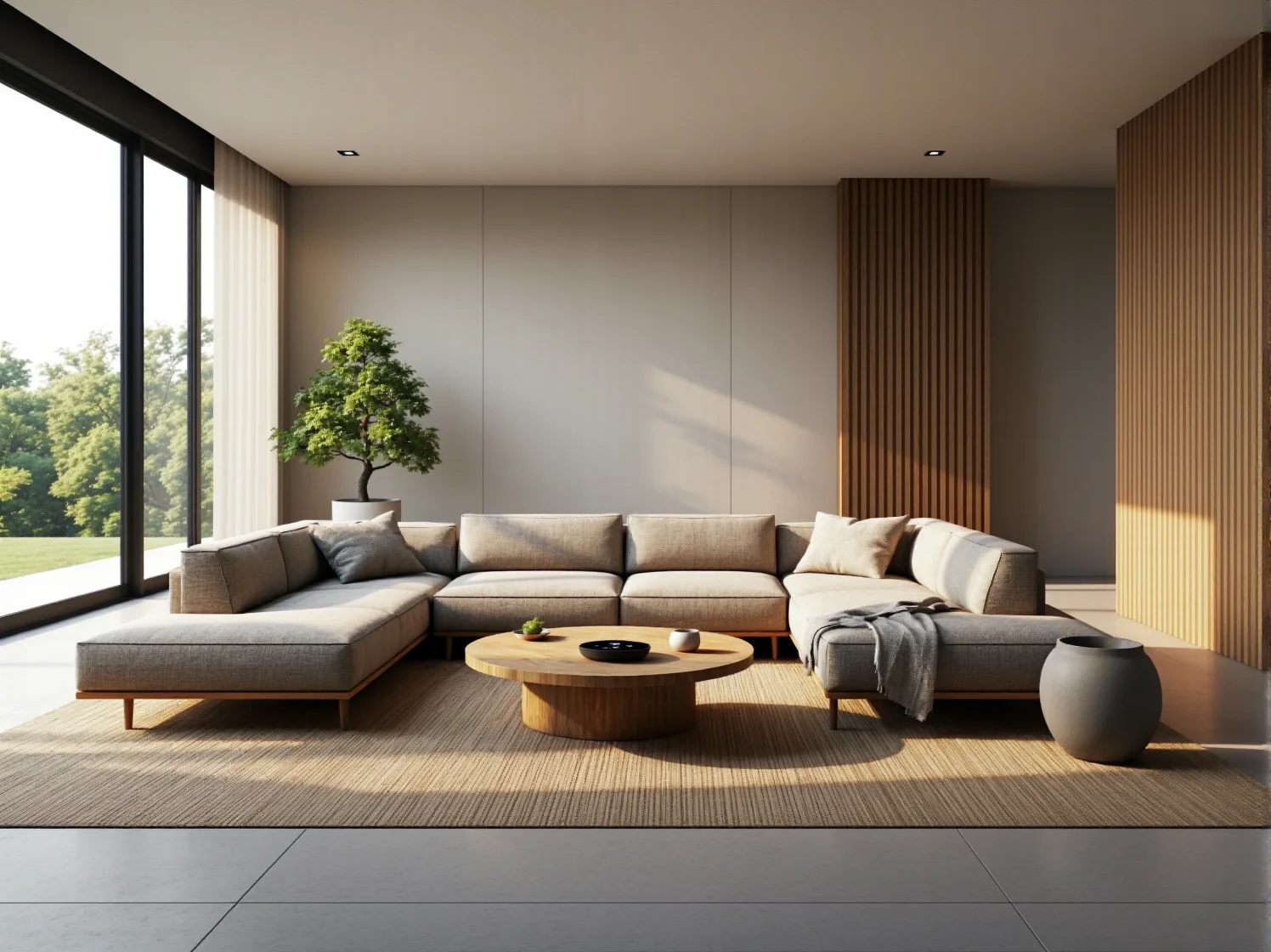 Narożna sofa beżowa na drewnianych nóżkach w stylu japandi