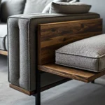 Szara sofa z drewnianą ramą orzech i metalowymi nogami